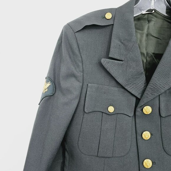 US Army Green Poly Wool Dress Coat Jacket 38S Uniform Patches Buttons Vintage - Picture 2 of 16